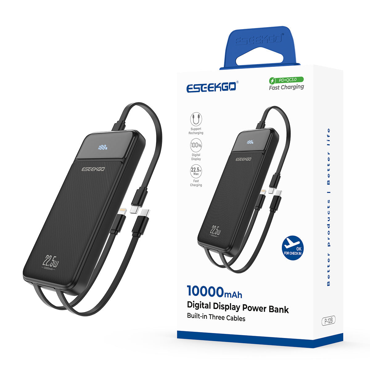 Powerbank med 10 000 mAh, inbyggda kablar, LED-display och snabbladdning för 4 enheter