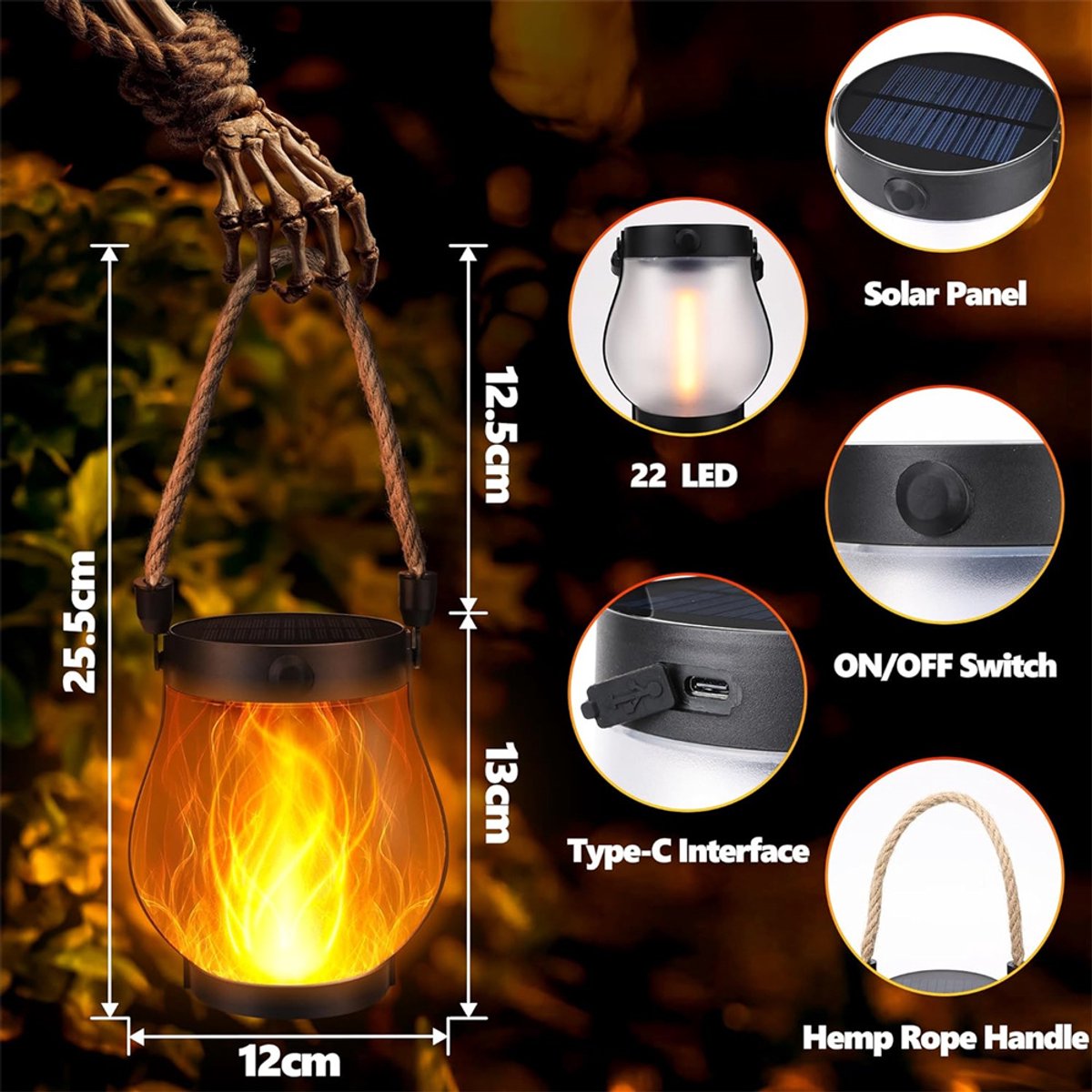 Sol- og USB-opladelig LED Lanterne med Flammeeffekt