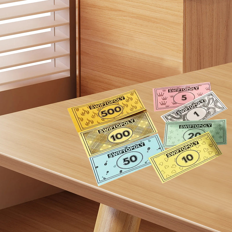 Musikbaseret brætspil med sangkort og Monopoly penge til spilleaftener