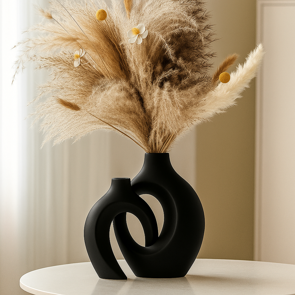 Stilrent keramiskt vas-set med skulptural minimalistisk elegans