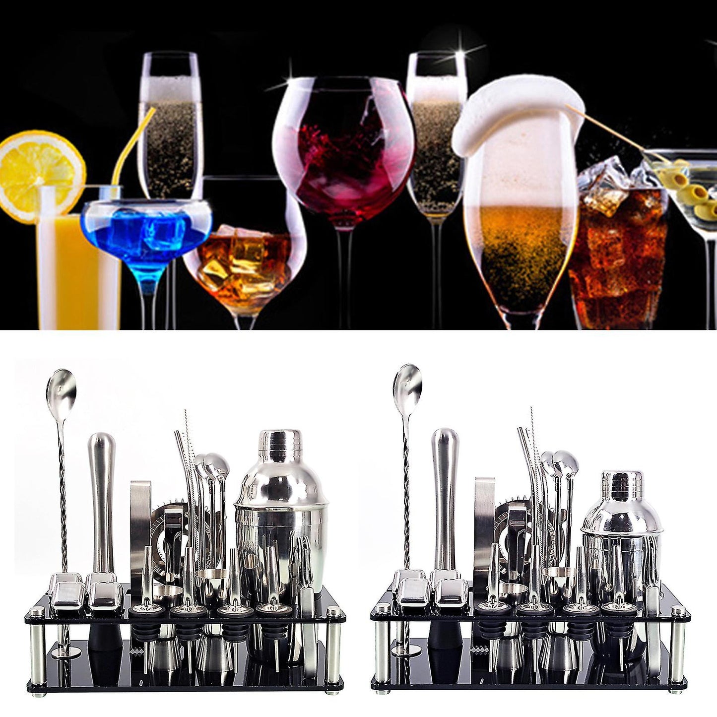 Komplet Cocktail Sæt i Rustfrit Stål med Bambus Stand