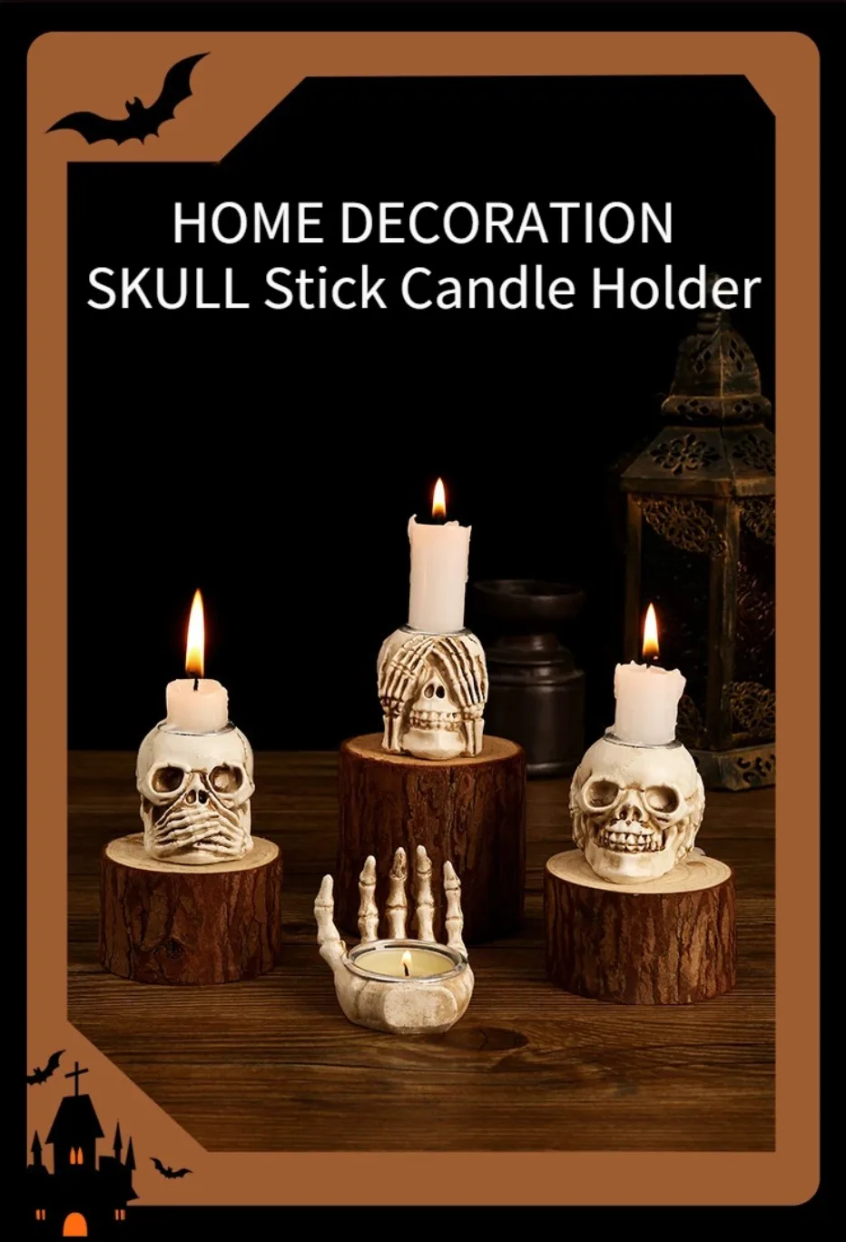 Elegante Skeletlysestage Sæt til Halloween - 3 Stk.