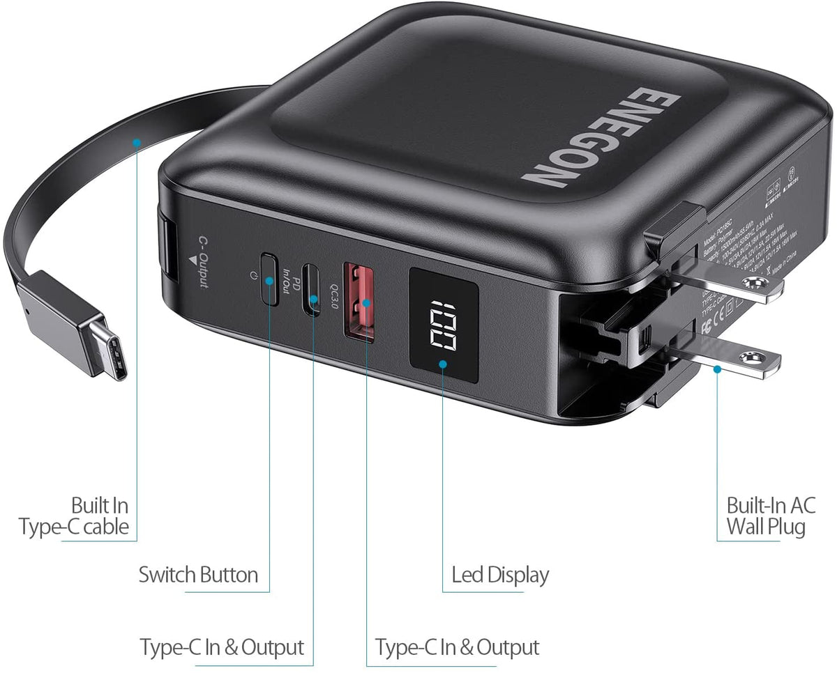 Powerbank med AC-stik og hurtig opladning – 15000 mAh til smartphone og tablet