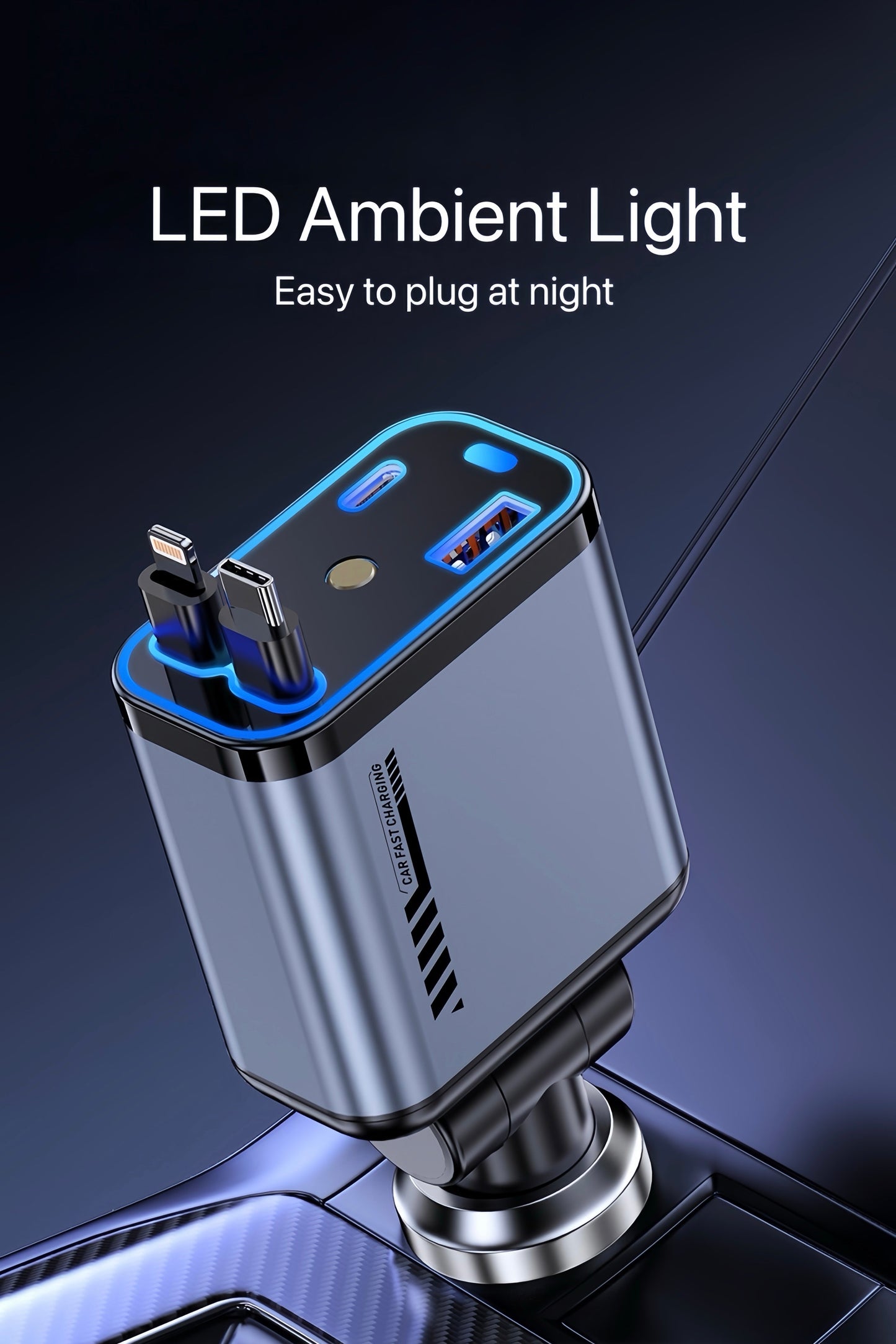 4-i-1 biloplader med justerbare kabler til opladning af flere enheder