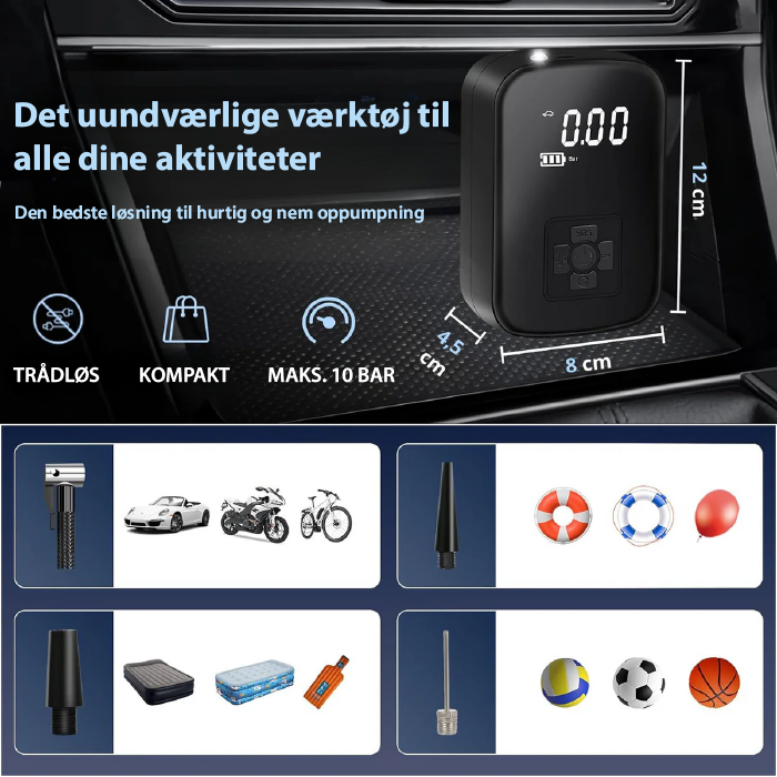 Kompakt Trådlös Däckpump med Säkerhetsstopp & LED
