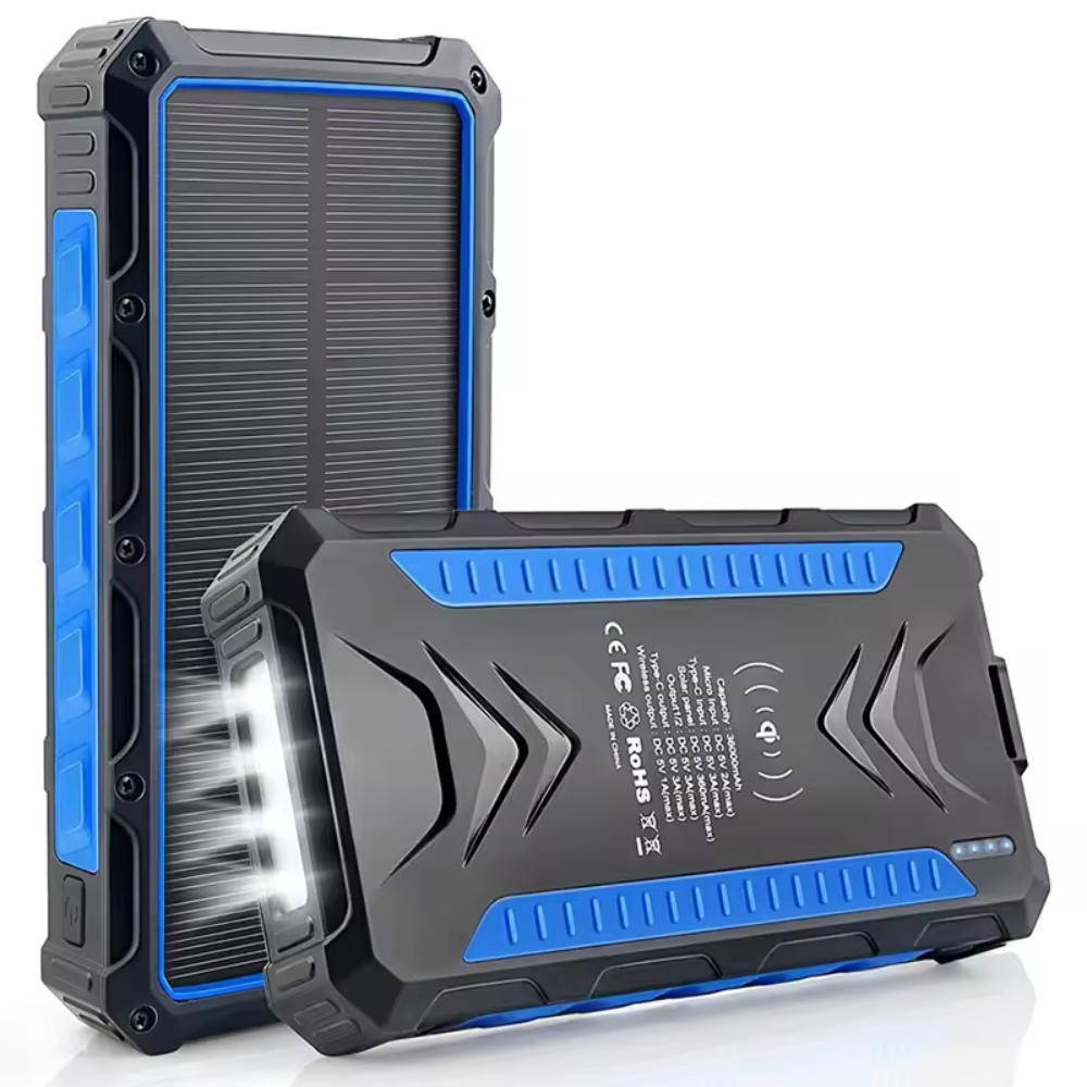 Soldriven powerbank 36000mAh med ficklampa och snabbladdning