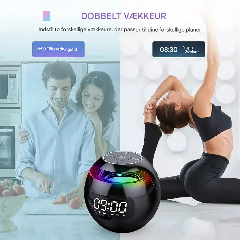 Bluetooth-vækkeur med LED-natlampe | 5W Højttaler | Bevægelsesfølsom skærm | 2200mAh batteri