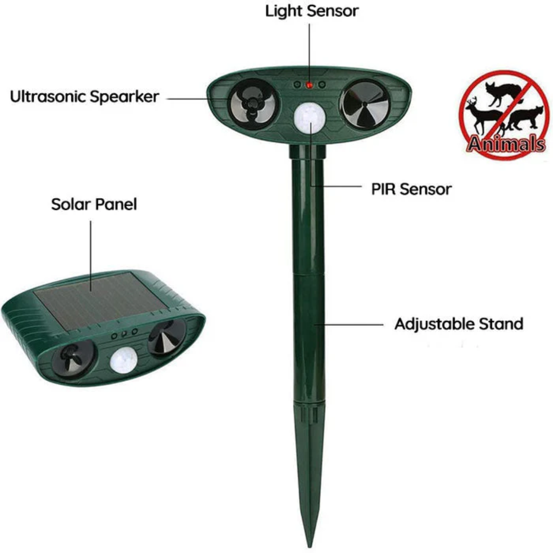 Soldriven djurskrämma med ultraljud och rörelsesensor