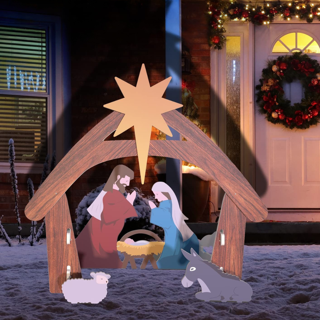 Udendørs Julekrybbesæt i Holdbar PVC med Lys Silhuet