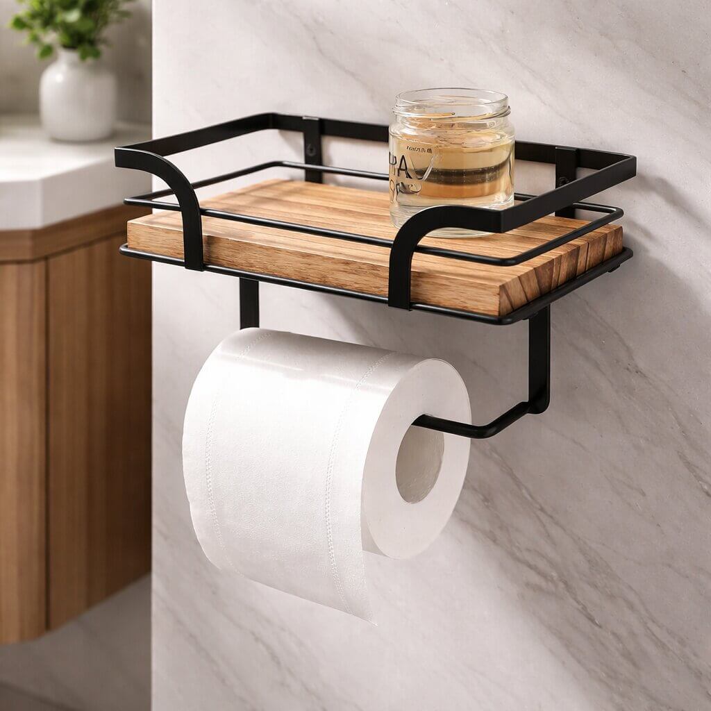 Væghylde med toiletpapirholder i metal og træ | 20,32 cm til badeværelse