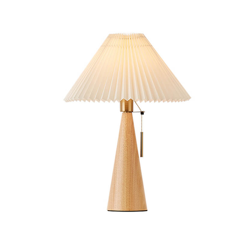 Japansk bordslampa med plisserad skärm i trä och tygdesign