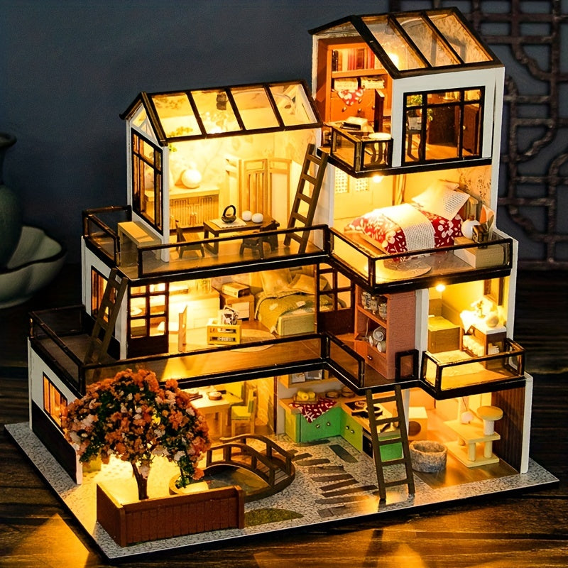 3D Miniature Villa Puslespil Sæt – Gør Det Selv med LED Belysning og Detaljerede Interiører