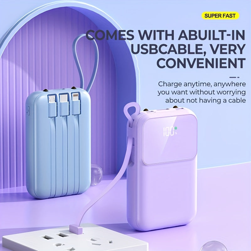 Bärbar Powerbank 10000mAh - Snabbladdning med Integrerade Kablar