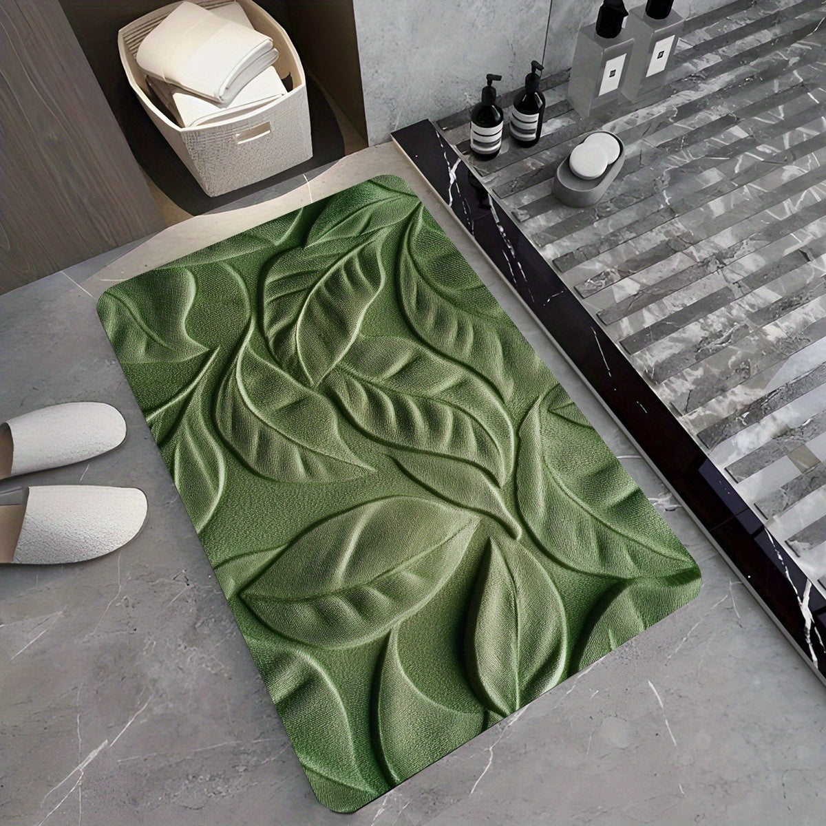 Diatomé Badrumsmatta med Grön Bladdesign – Snabbtorkande och Absorberande