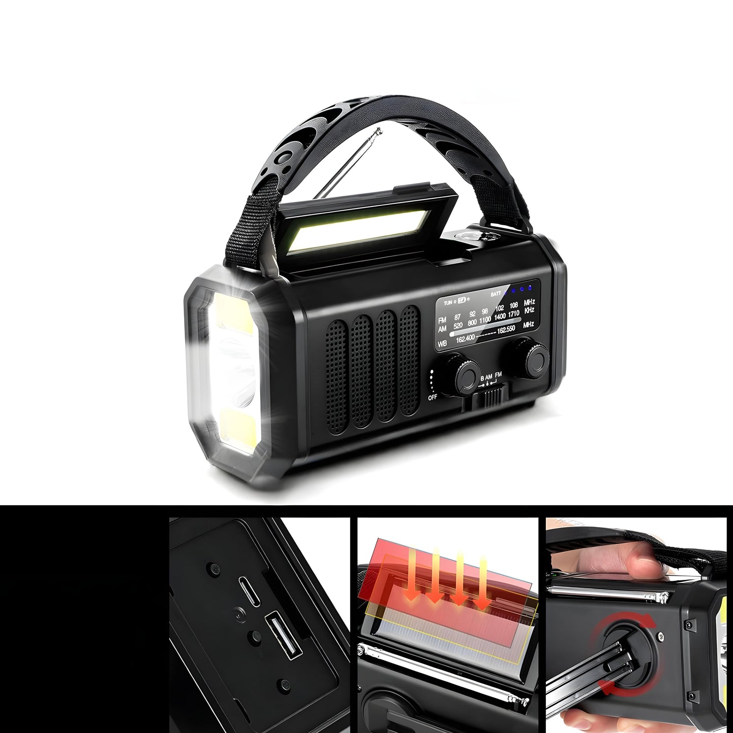 Solardrevet Nødradio med Powerbank & Kraftig Lys