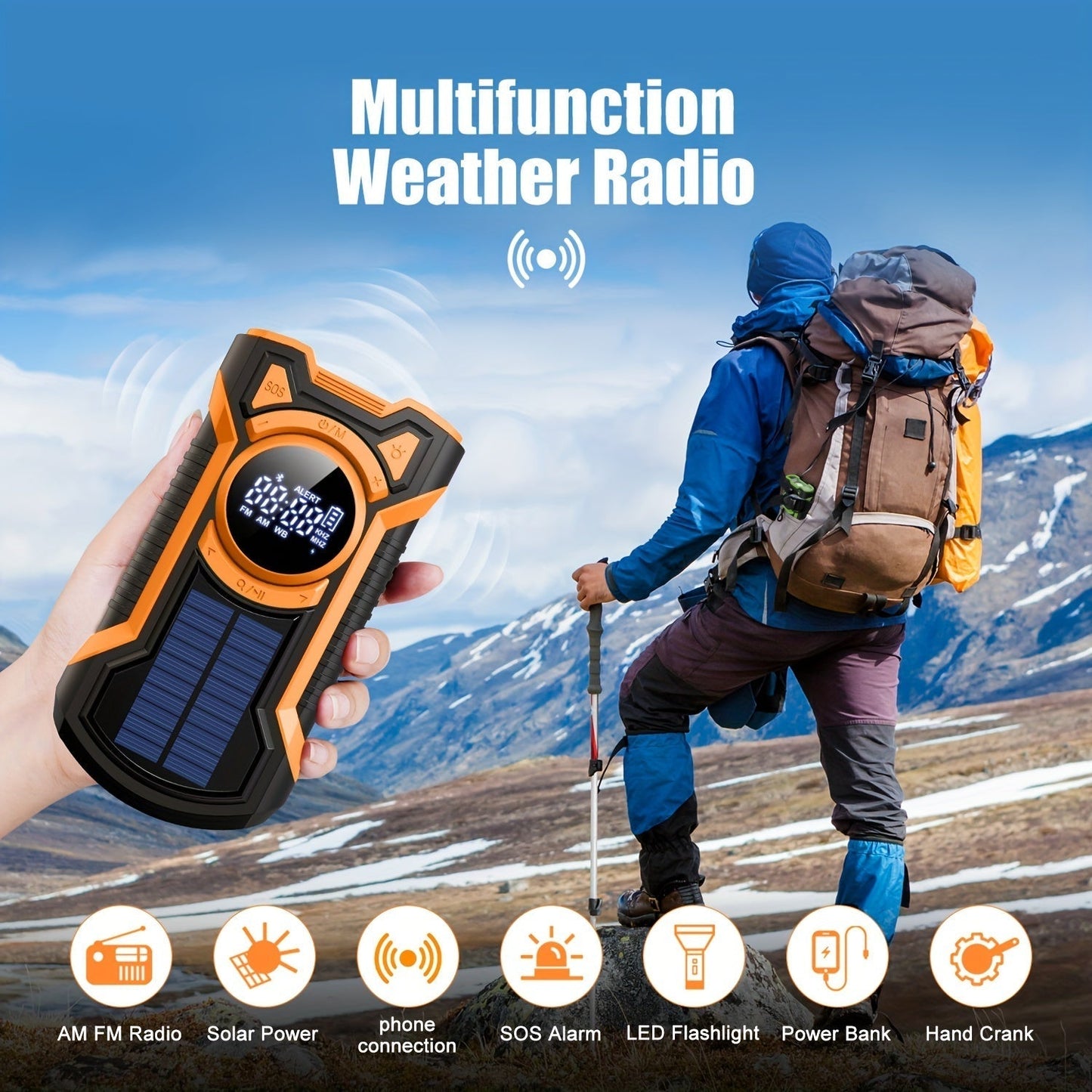 Multifunktionel nød-radio med solenergi og håndsving - perfekt til camping