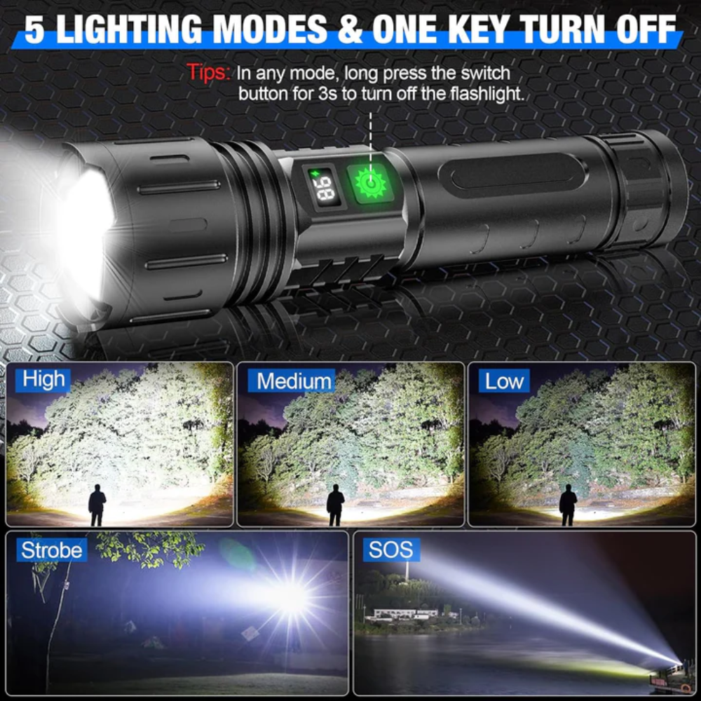 Opladelig Taktisk Lommelygte 100000 Lumen - Kraftig LED Lys