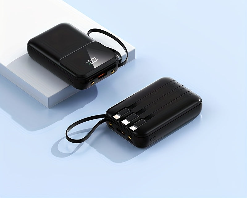 Bärbar Powerbank 10000mAh - Snabbladdning med Integrerade Kablar