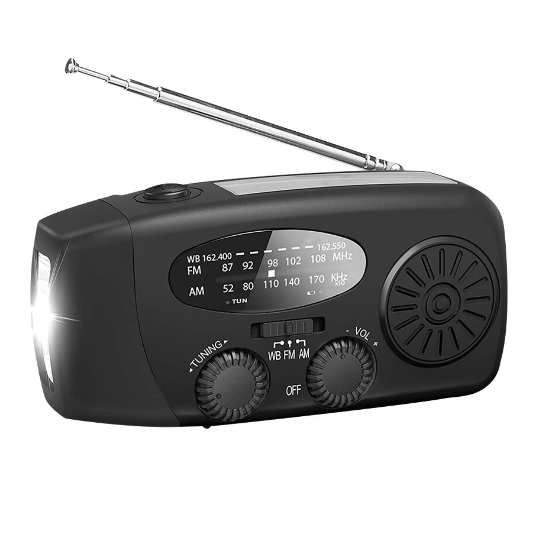Kompakt nödradio med solenergi och handvev för äventyr