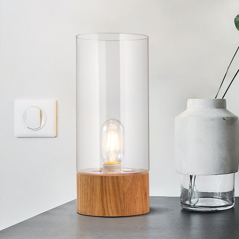 Cylindrisk bordslampa med träbas – Stilren design