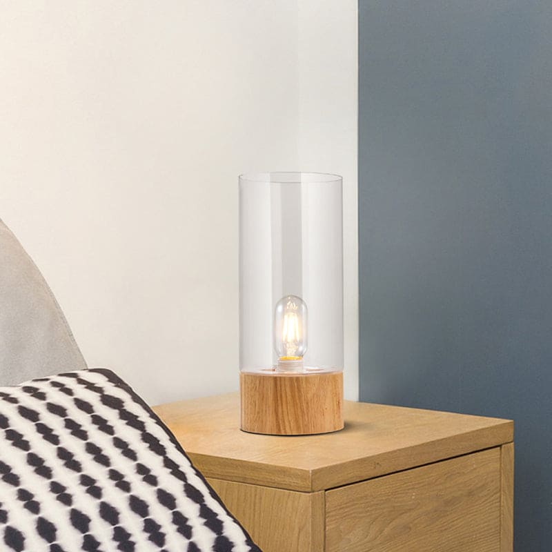 Cylindrisk bordslampa med träbas – Stilren design