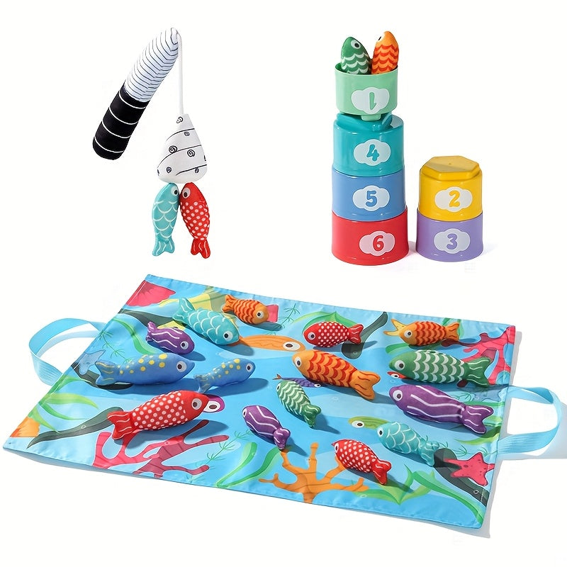 Sæt med Fiskespil i Stof til Børn – Stabelbare Krus og Plush Fisk