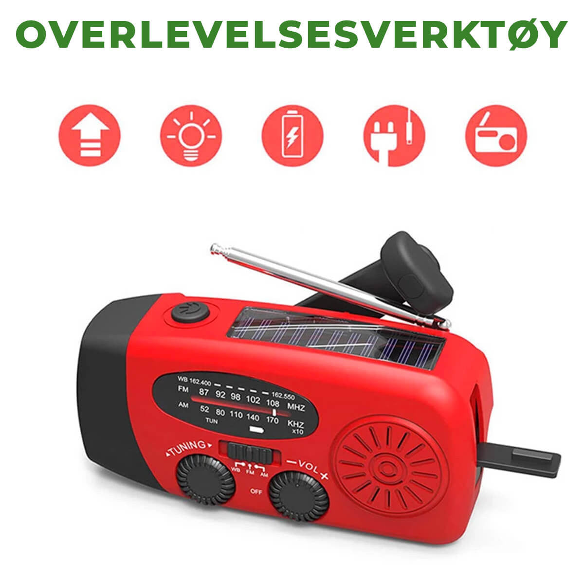Nödradio med vev, solpanel och powerbank