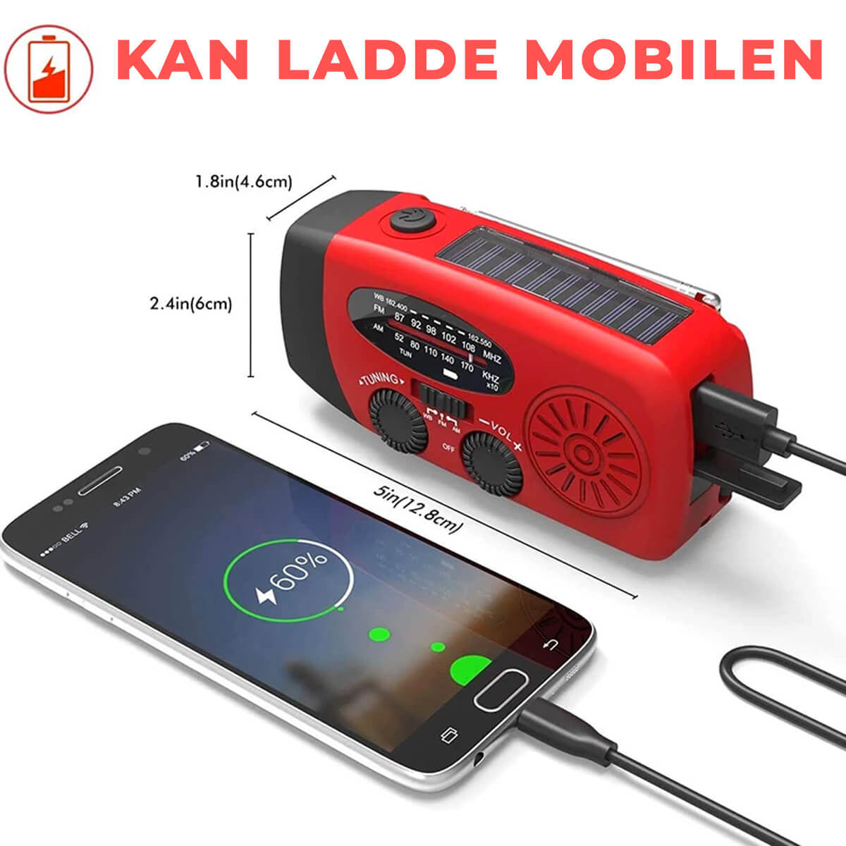 Nödradio med vev, solpanel och powerbank