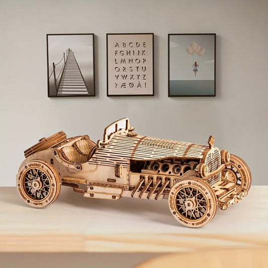 3D Vintage Bil Pussel i Trä – Mekanisk Modell med Kugghjul