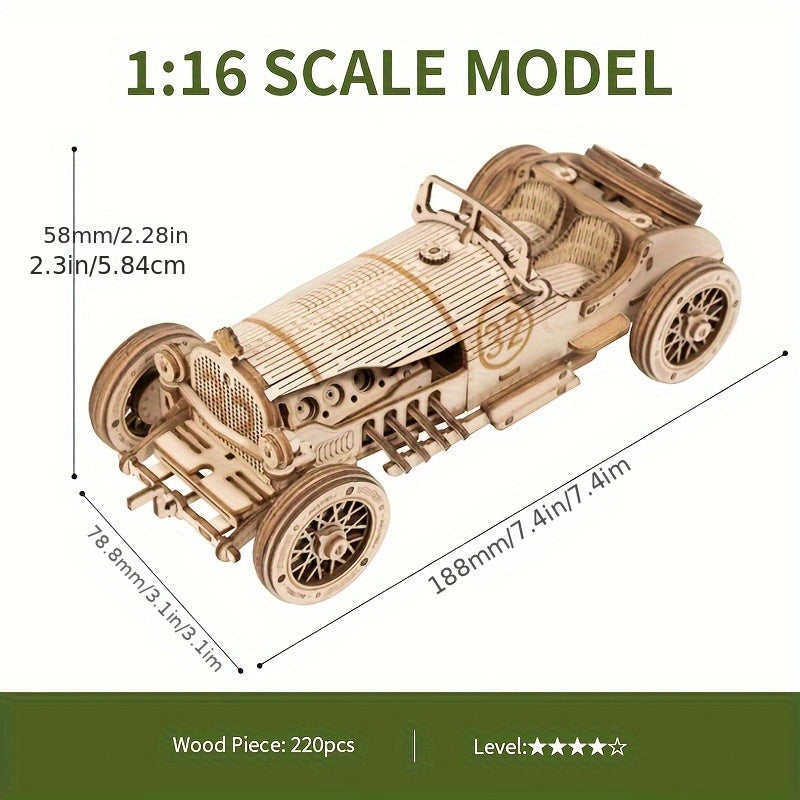 3D Vintage Bil Puslespil i Træ – Mekanisk Model med Gear