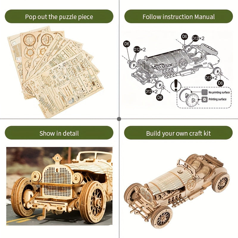 3D Vintage Bil Puslespil i Træ – Mekanisk Model med Gear