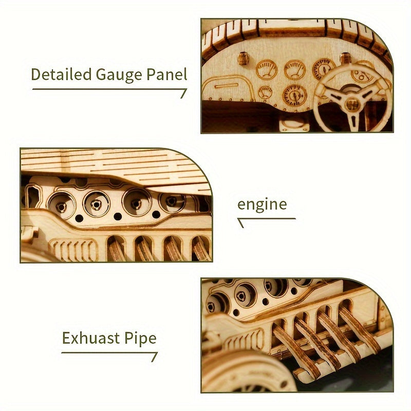 3D Vintage Bil Puslespil i Træ – Mekanisk Model med Gear