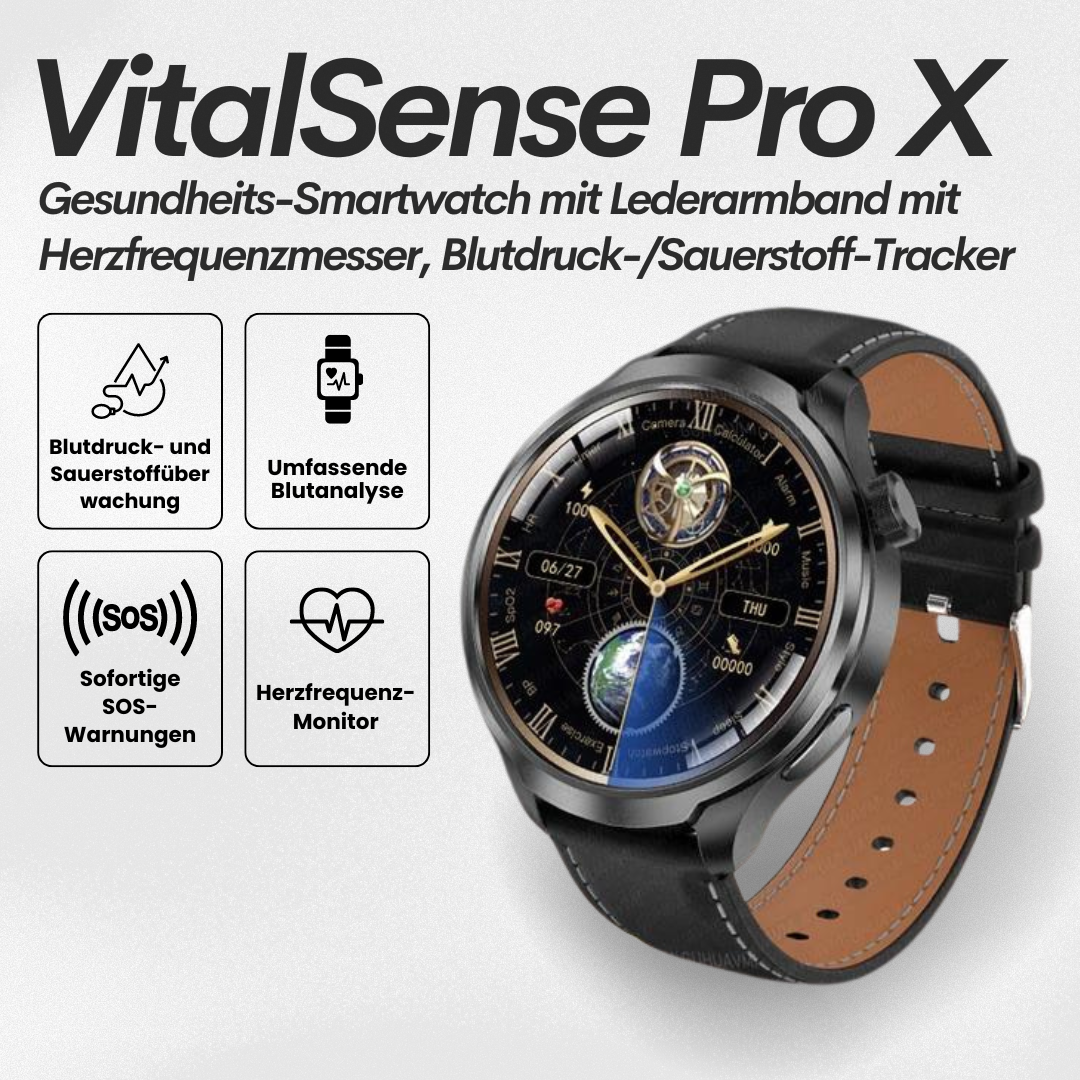 Sundhedssmartwatch med læderrem - VitalSense Pro X (2025)
