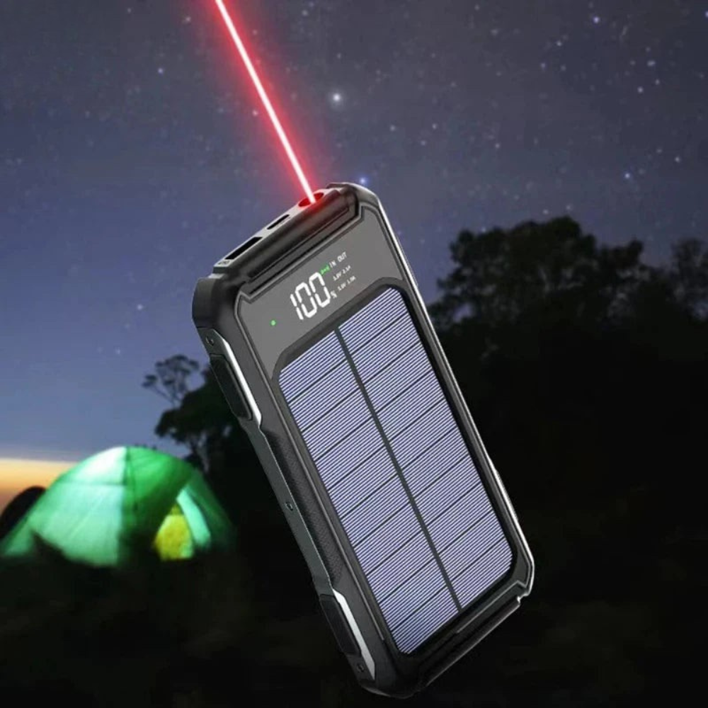 Effektiv Solcelle Powerbank med 4-i-1 Kabel og Nødbelysning