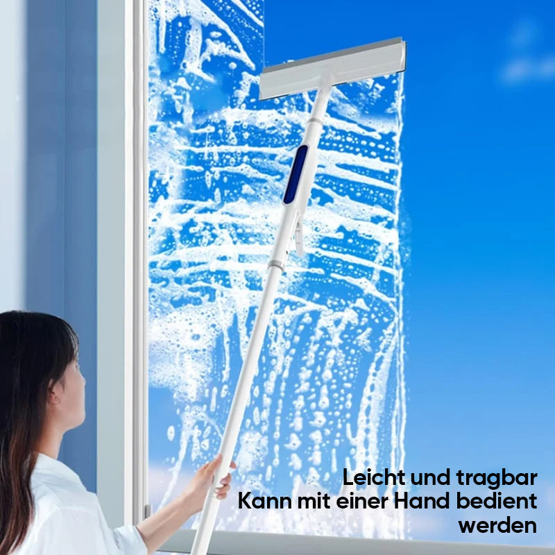 Vinduesrenser med teleskopstang og dobbelt skraber | Sprayfunktion for stribefri glasrengøring | Til vinduer og spejle