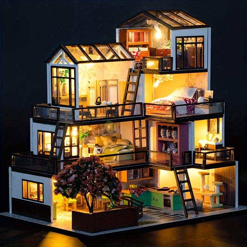 3D Miniature Villa Puslespil Sæt – Gør Det Selv med LED Belysning og Detaljerede Interiører
