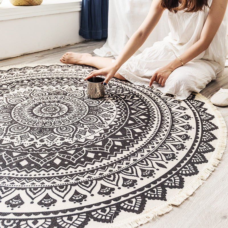 Rundt Boho Tæppe i Bomuld med Geometrisk Mønster
