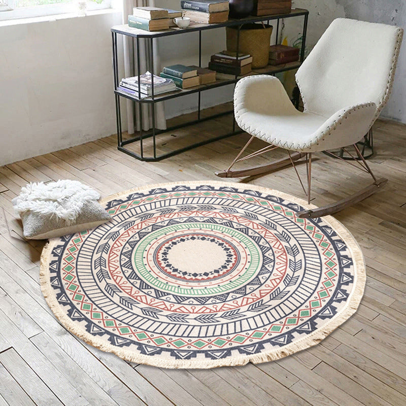 Rundt Boho Tæppe i Bomuld med Geometrisk Mønster