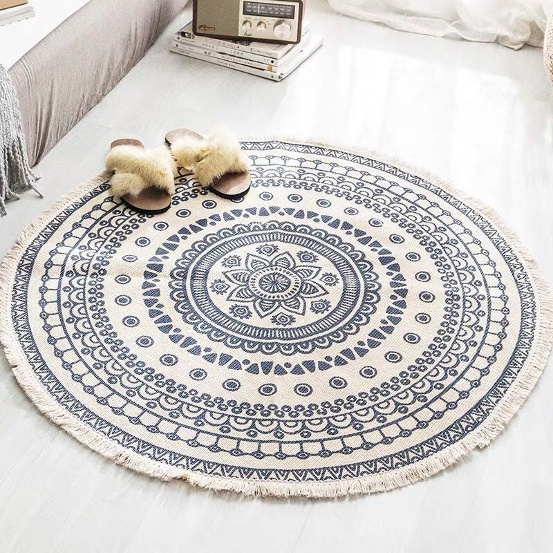 Rundt Boho Tæppe i Bomuld med Geometrisk Mønster
