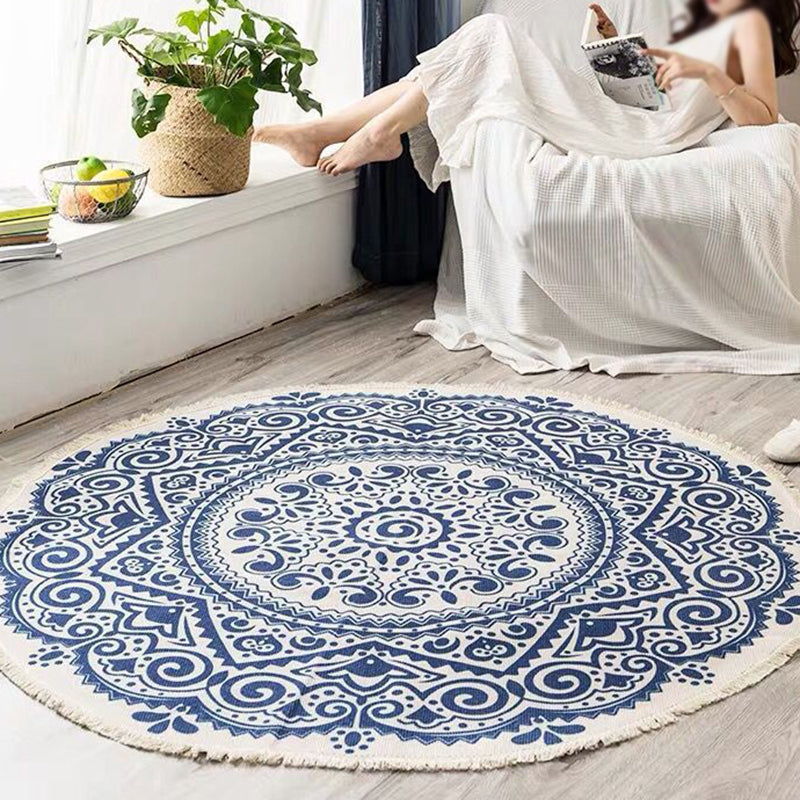 Rundt Boho Tæppe i Bomuld med Geometrisk Mønster