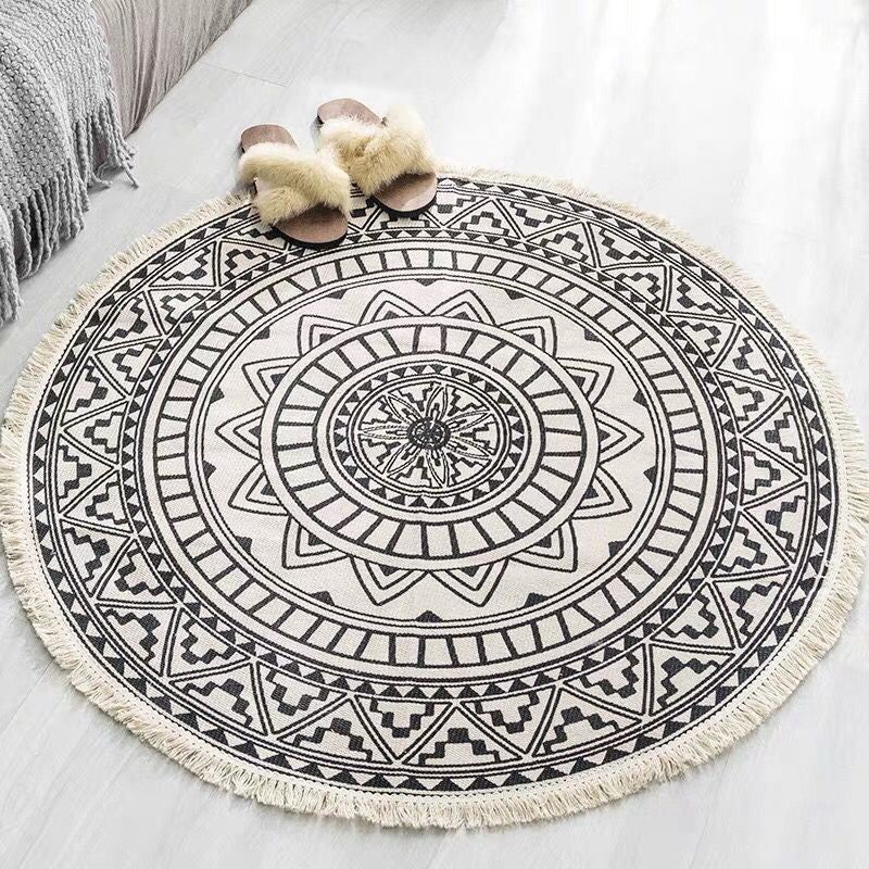 Rundt Boho Tæppe i Bomuld med Geometrisk Mønster