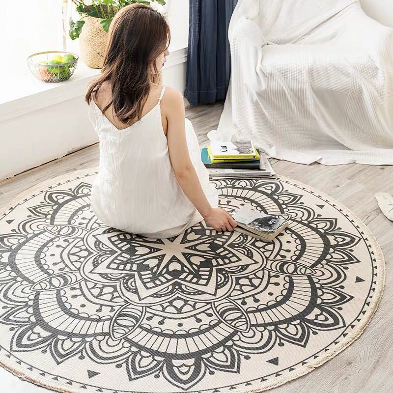 Rundt Boho Tæppe i Bomuld med Geometrisk Mønster