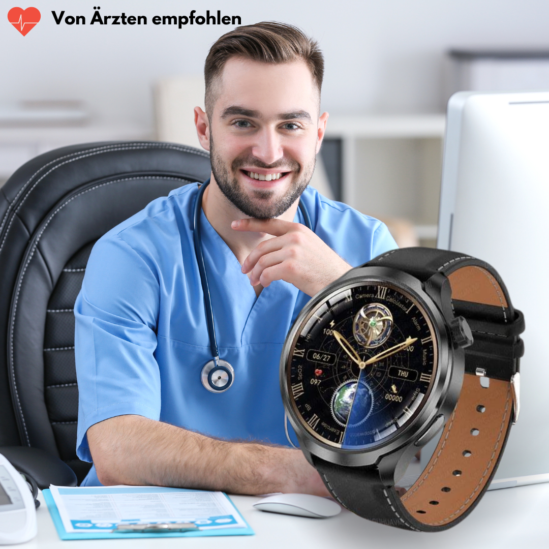 Sundhedssmartwatch med læderrem - VitalSense Pro X (2025)