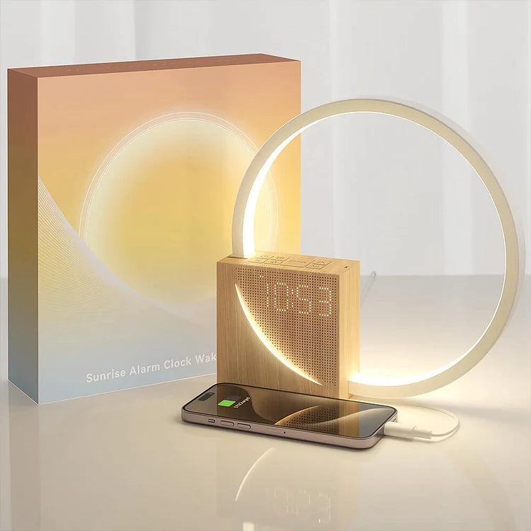 Elegant sängklocka med touchkontroll och trädesign