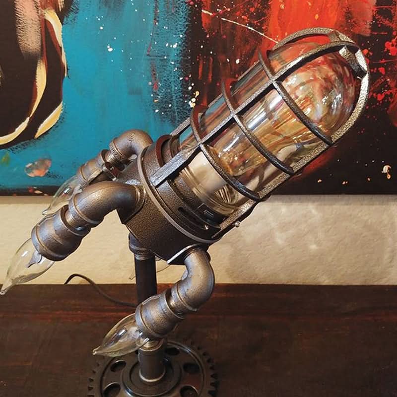 Steampunk-Rakete Tischlampe mit Flammenlicht-Effekt