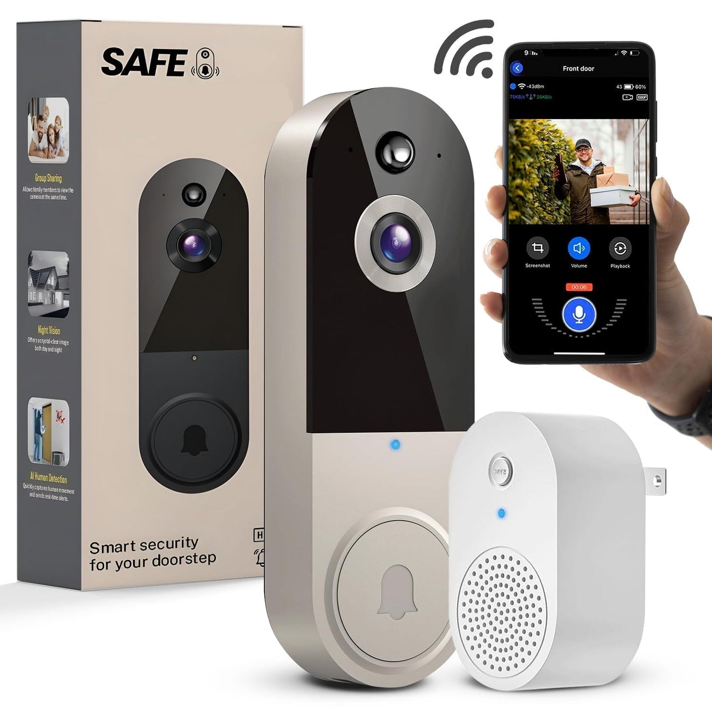 Trådlös video-dörrklocka med AI-rörelsesensor och ljud