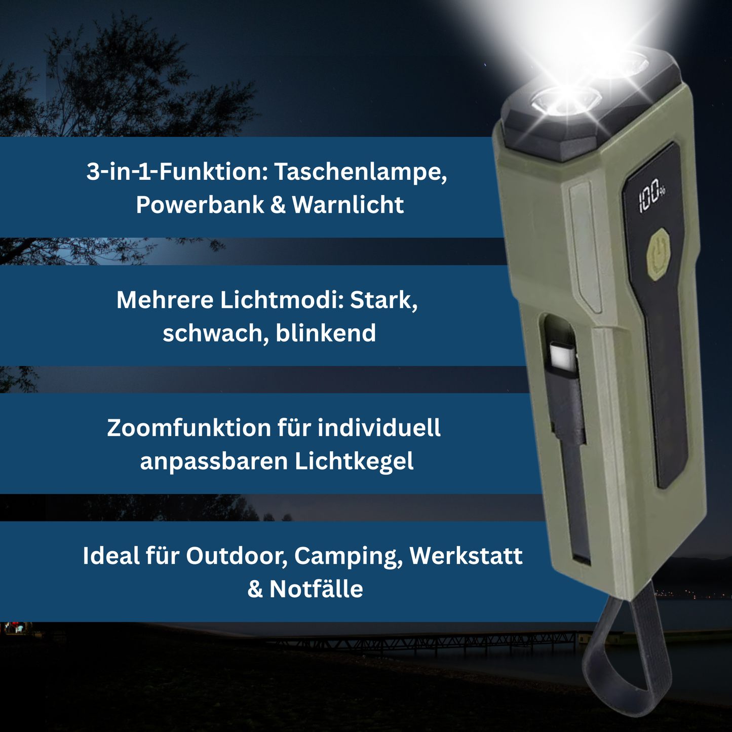 Kompakt LED-lampe med Powerbank og Multifarvet Lys