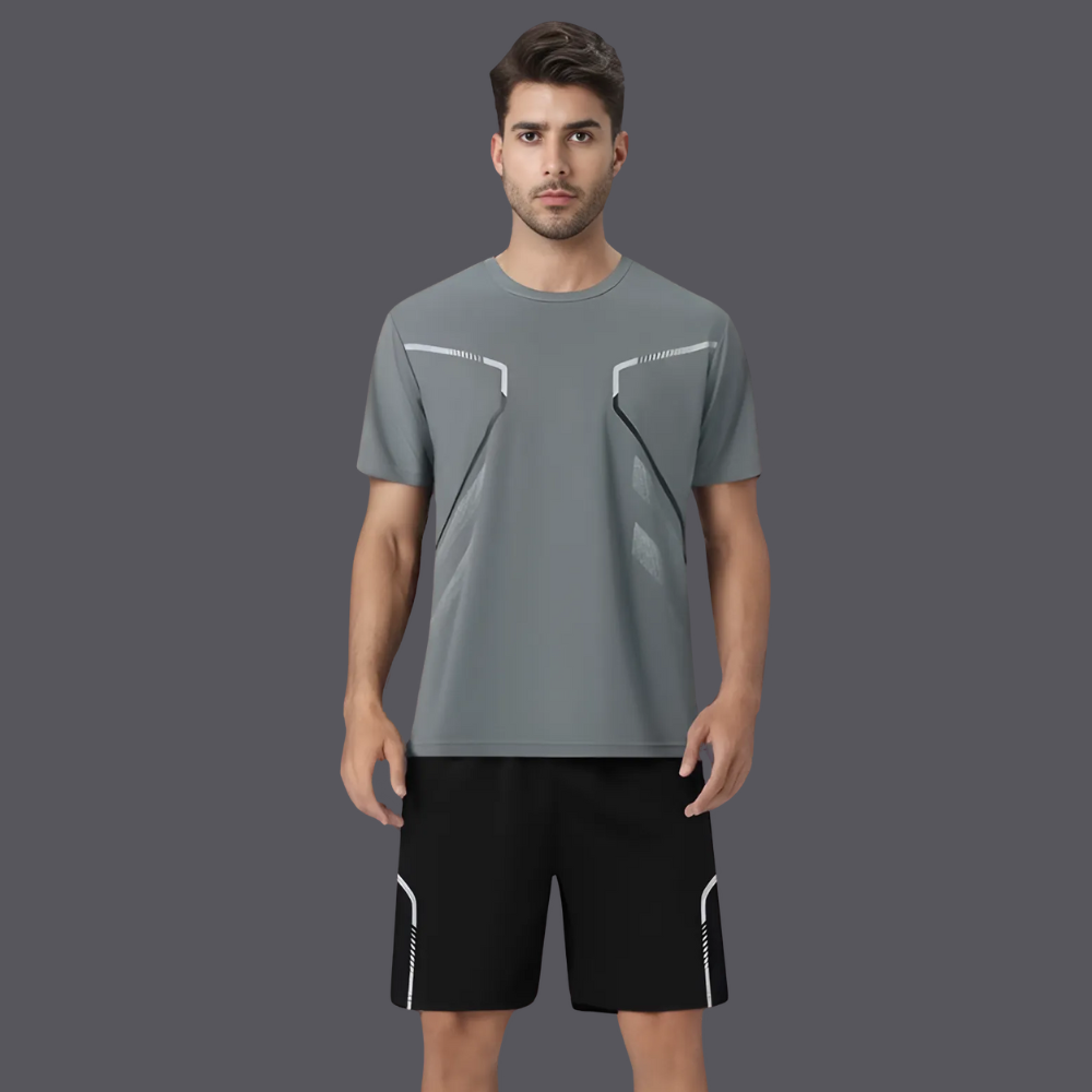 Træningssæt til mænd, åndbart T-shirt og fleksible shorts