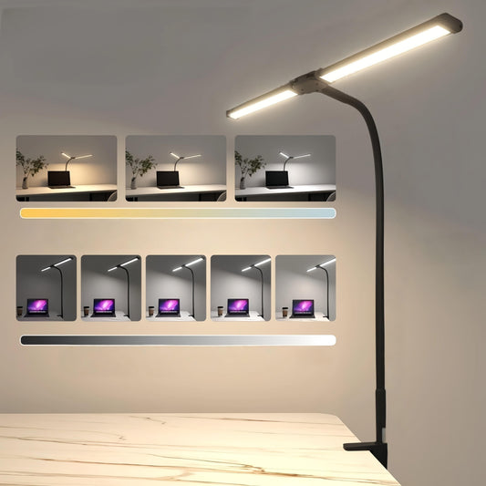 Flexibel LED-skrivbordslampa med dubbelt huvud och dimning