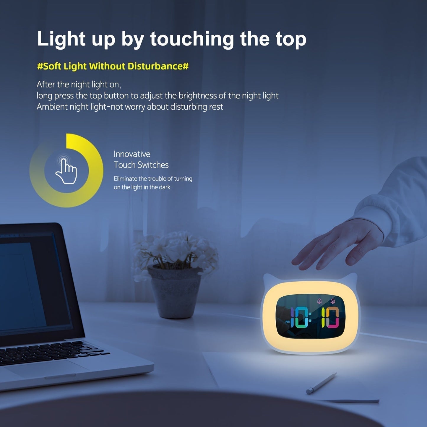 Sød Katteøre Vækkeur med RGB Nattelys og USB-Opladning